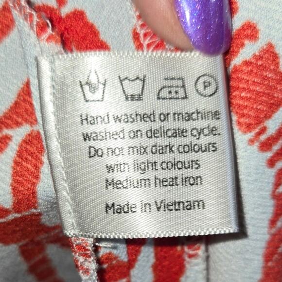 Sz XS YALY COUTURE Eggshell Blue Red Branch Print Crepe Short-sleeved Wrap Dress - Picture 7 of 7